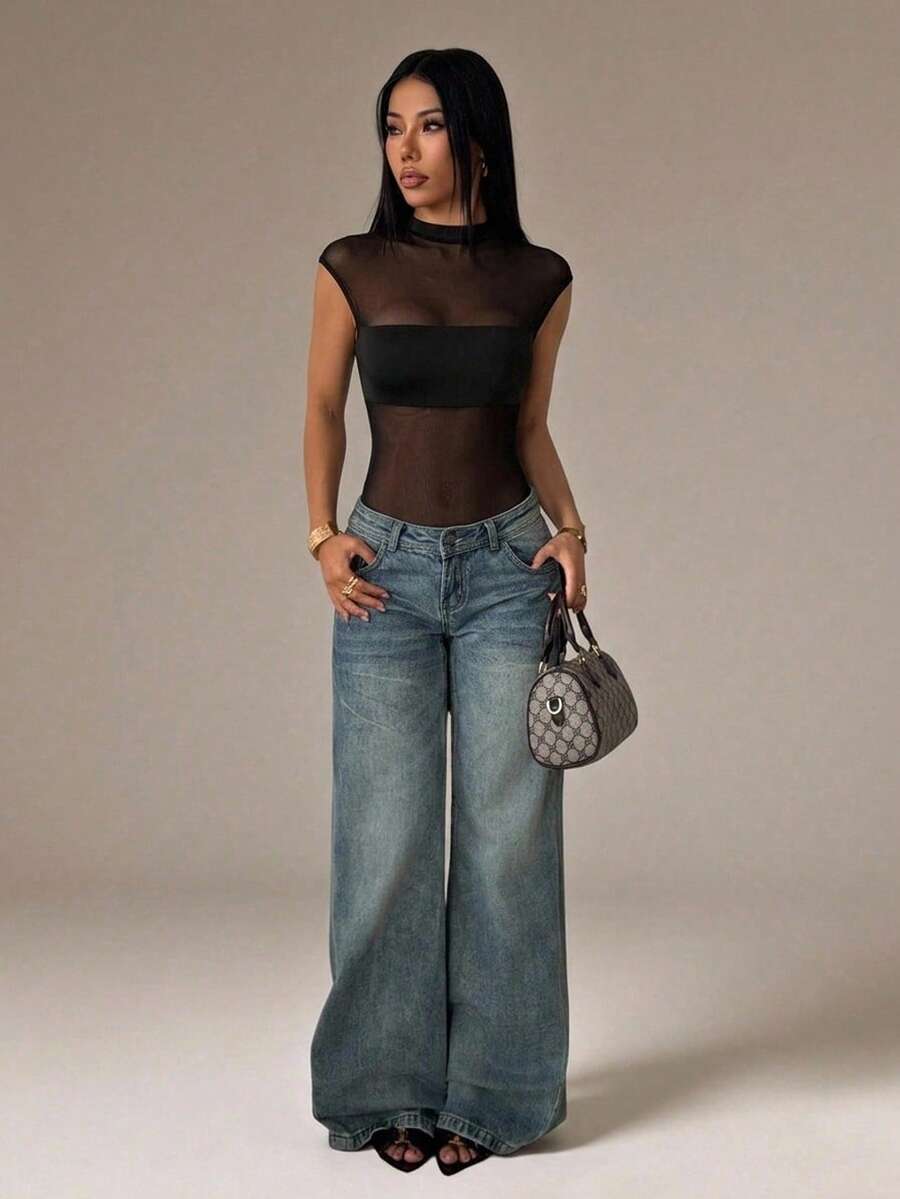SHEIN PETITE 黑色無袖性感透視網紗拼接不對稱連身衣,黑色性感透視連身衣,適合嬌小女性 - 黑色 - 查看 1