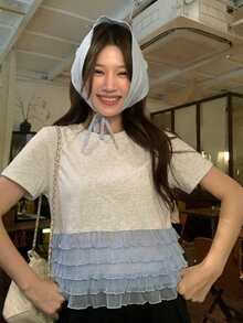 Livesso Women's Summer Casual Colorblock Ruffle Hem T-Shirt Vacation Cute Top - Grey - View 3