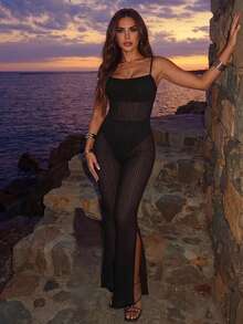 SHEIN Glamour 2026 Spring/Summer New Black Textured Pleated Mesh Jumpsuit, Sexy Rave Spaghetti Strap Slit Flare Leg Pants, Resort Vacation Outfit Beach - Black - View 1