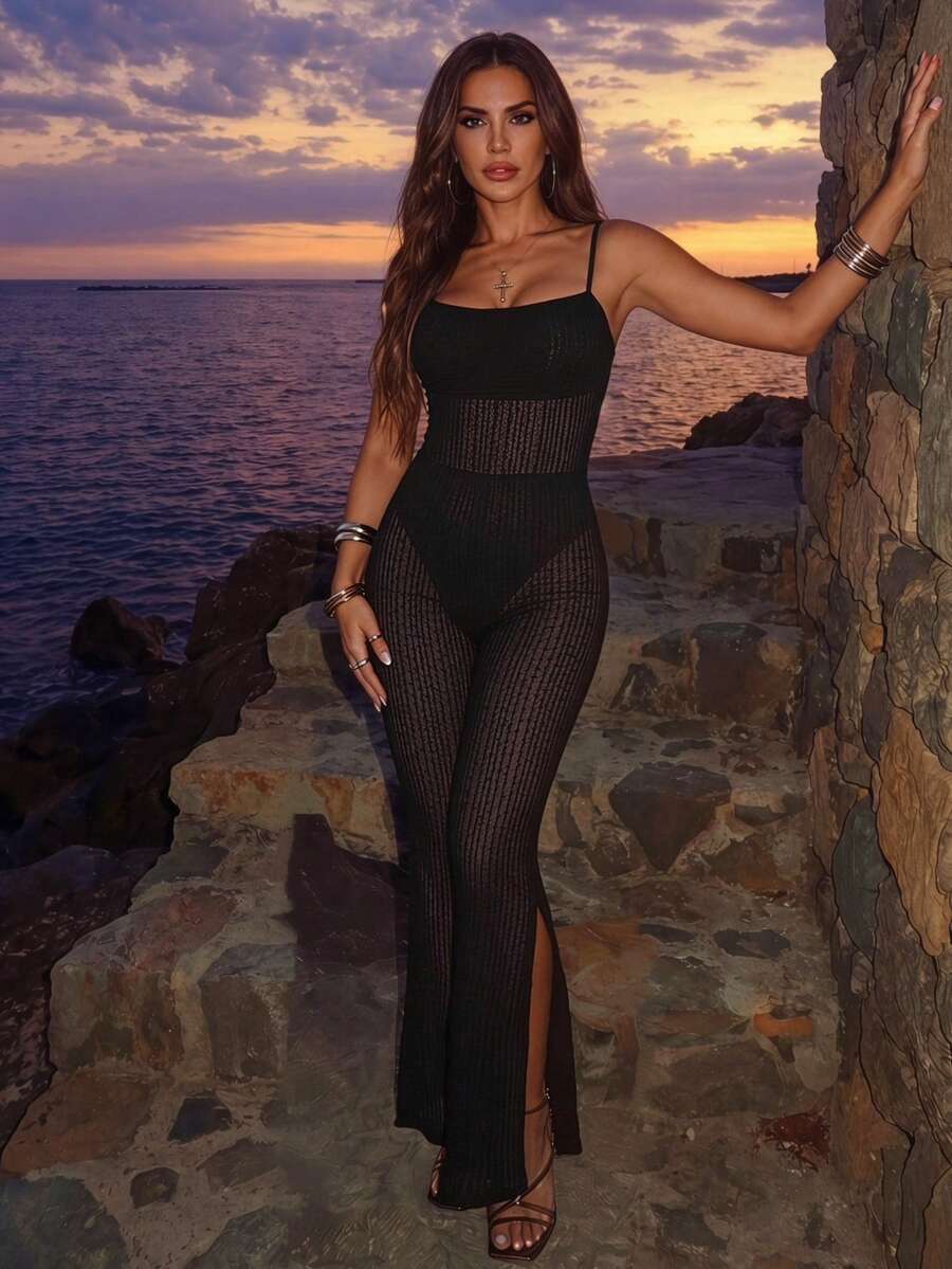 SHEIN Glamour 2026 Spring/Summer New Black Textured Pleated Mesh Jumpsuit, Sexy Rave Spaghetti Strap Slit Flare Leg Pants, Resort Vacation Outfit Beach - Black - View 1