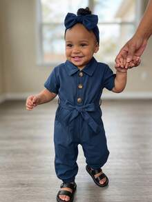 SHEIN Jumpsuit Bayi Perempuan Kantong Tombol Depan Plain - Biru - View 8