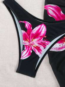 Swim Vcay Conjunto de bikini con estampado floral y falda de cobertura para mujer, vacaciones de verano en la playa, estampado aleatorio, conjunto de 3 piezas - Negro - Ver 5