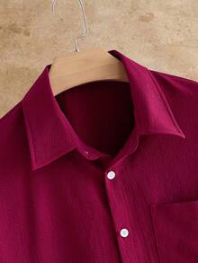 HIMLAND Men's Lapel Single-Breasted Side Chest Pocket Design Dropped Shoulder Casual Versatile Shirt,Men's Textured Camp Collar Embroidered Shirt - Burgundy - View 4