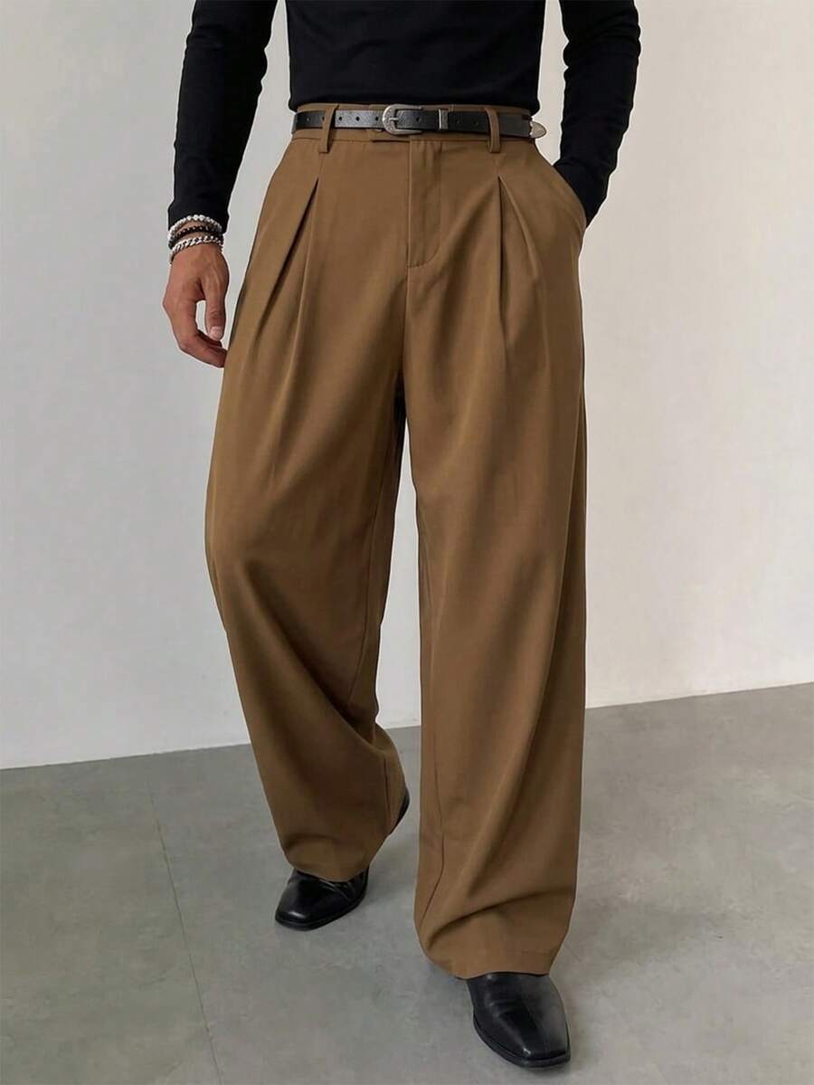 STYNVO 男士纯色褶裥宽松直筒休闲裤 - 咖啡棕 - 查看 1