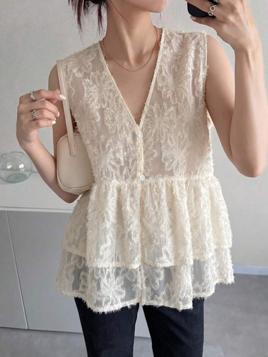 FRIFUL 女款V領紋理鬆身無袖背心外套 夏季 - 米色 - 查看 1