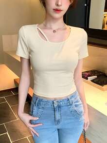 FRIFUL 女款圓領波點布料拼接蝴蝶結繫帶鏤空性感甜美T恤 - 白色 - 查看 3