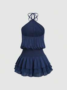 Vestido mini rosa dulce y picante, estilo callejero sexy, cuello halter, espalda descubierta, vestido de verano para mujer para citas y vacaciones - Celeste - Ver 9