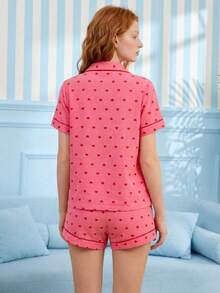 Joivida Conjunto de Pijama 2 Peças Manga Curta e Shorts Estampa de Coração Casual Roupa de Casa Feminina - Rosa chiclete - Visão 3
