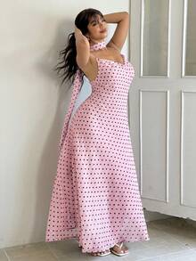 GalTyme Pink Plus Size Summer Elegant Polka Dot Print Cami Dress - Pink - View 6