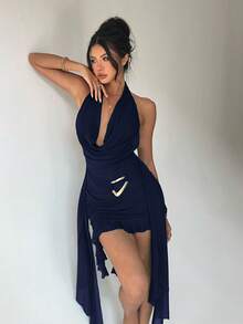 Aloruh 春夏新款性感辣妹派對音樂節婚禮季海灘度假綠色網紗深V垂領露背收腰修身不規則荷葉邊迷你洋裝，聖派翠克節洋裝，波希米亞音樂節洋裝，女款綠色修身無袖網紗迷你洋裝，附荷葉邊設計與垂領，派對洋裝，情人節，女款派對洋裝，綠色性感洋裝女神造型 - 藏蓝色 - 查看 7