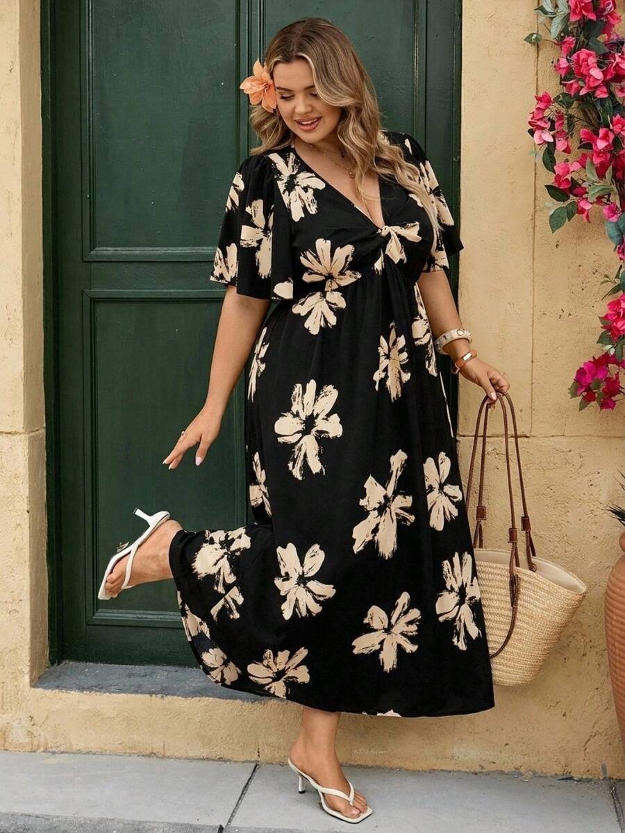 SHEIN CURVE+ Đầm dáng chữ A cổ chữ V thắt eo, cỡ US22, thích hợp cho lễ hội âm nhạc, kỳ nghỉ biển, phong cách bohemian thanh lịch, dài ngang gối, duyên dáng. - Nhiều màu - Xem 1