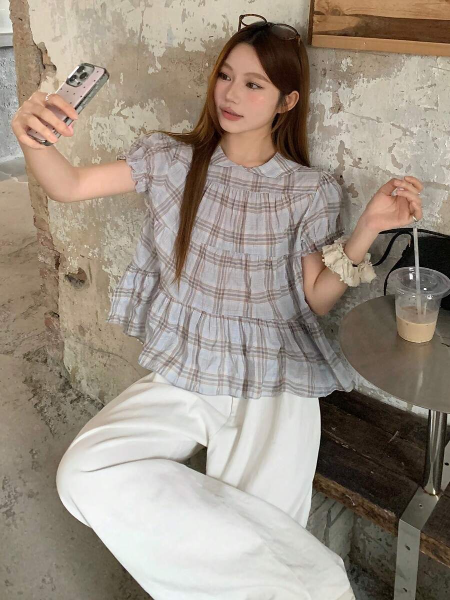 DAZY 女款格紋領韓風休閒清新春夏襯衫度假可愛上衣 - 灰色 - 查看 1