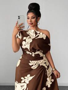 Maweii Plus Size Green Floral Print One Shoulder Cinched Waist Ruched Slimming Outing Vacation Dress - Coffee Brown - View 2