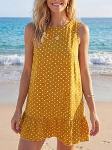 SHEIN LUNE Gaun Mini Lengan Pendek Model A-Line dengan Blok Warna, Gaun Polkadot, Gaun Musim Panas - Mustard Yellow - View 4