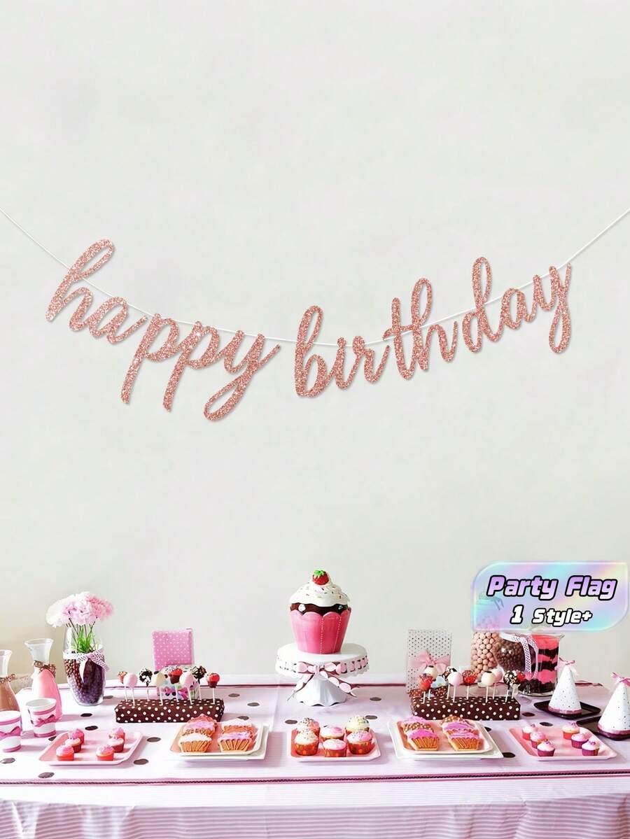 1pc Happy Birthday Christmas Dual Use Banner Flag Glitter Pink Lettering Hanging Party Decor For Holiday Celebration Wall Backdrop Christmas Stocking Fillers Birthday Gift Idea Must Haves - pink - View 1