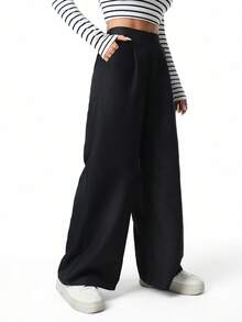 SHEIN 女孩和青少年女孩休闲宽松高腰褶皱阔腿黑色裤子，适合春、夏、秋、冬 - 黑色 - 查看 8