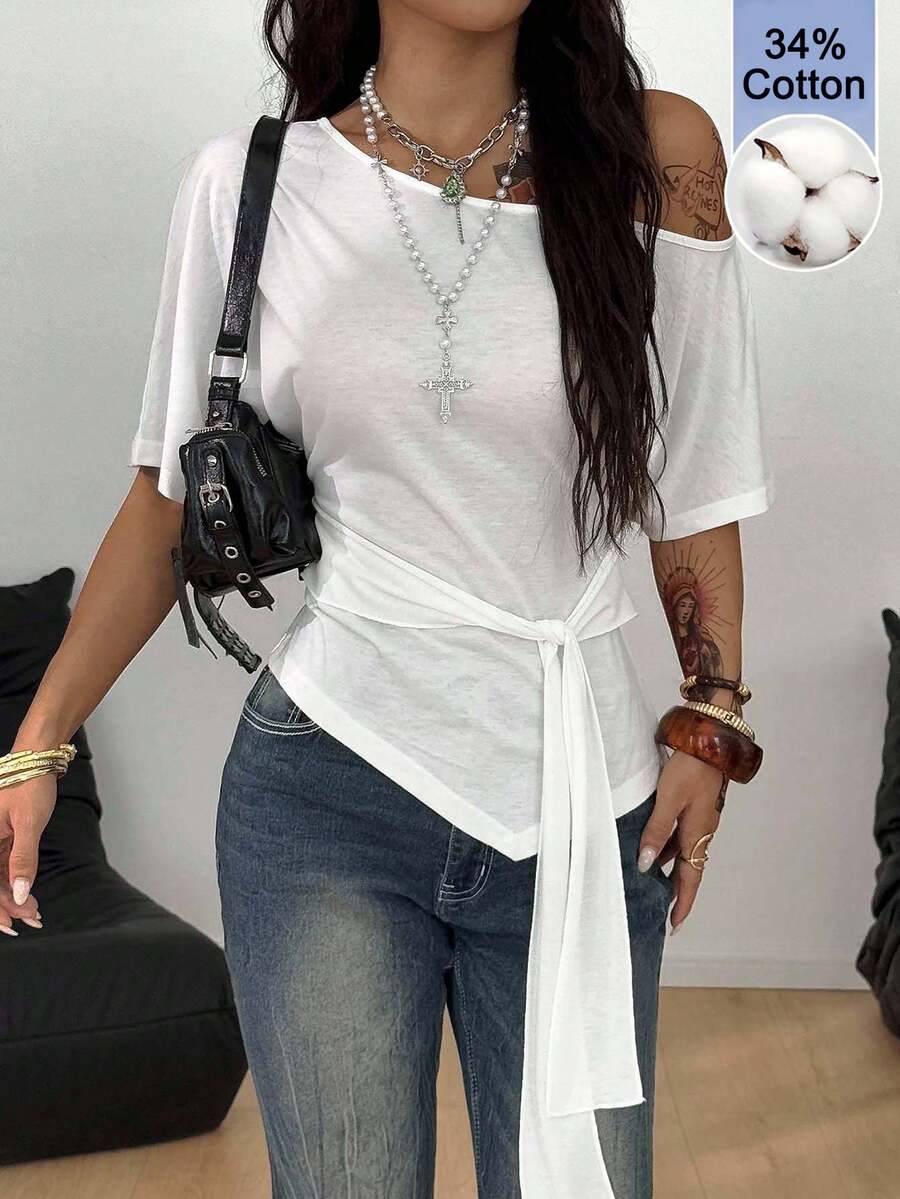 Coolane 女款不對稱下擺抓皺設計綁帶白色針織T恤 - 白色 - 查看 1