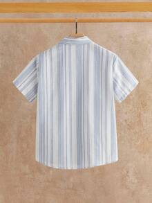 Ocevento Men's Blue Pinstripe Camp Collar Shirt, Short Sleeves. Relaxed Fit, Breathable Linen Blend. Deep V-Neck For Laid-Back Vibes. Your Go-To For Bea - Multicolor - View 5