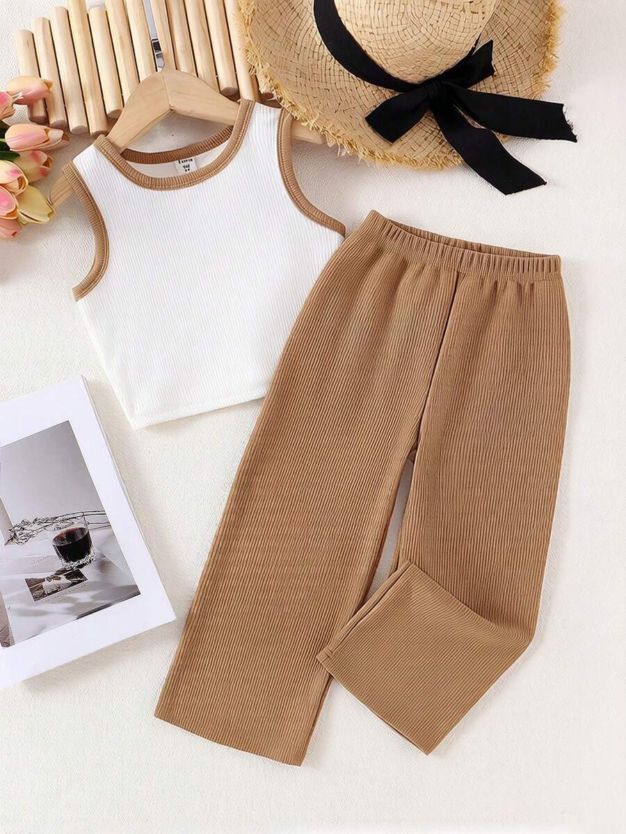 SHEIN 2 件装少女休闲针织米色上衣/背心和卡其裤，儿童日常舒适夏季服装