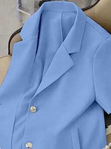 Franclia New Spring/Summer Solid Color Short Sleeve Blazer Jacket Minimalist Commuter - Blue - View 3