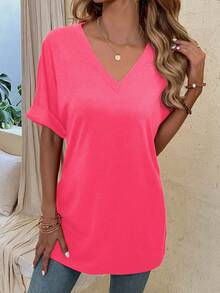 EMERY ROSE Solid Color Knit V-Neck Loose Long Sleeve Casual Plus Size T-Shirt With Side Slit Design, Plus Size T-Shirt - Apricot - View 3