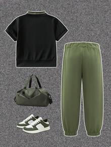 SHEIN Setelan Polo Kasual Anak Laki-Laki 2 Potong, Atasan dengan Motif Patchwork Blok Warna dan Dekorasi Label Tenun, Celana dengan Desain Blok Warna dan Potongan Kaki Meruncing, Kain Nyaman, Cocok untuk Musim Panas dan Musim Gugur - Hijau Tentara - View 2
