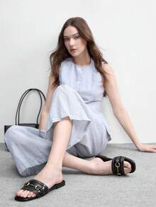 CUCCOO BIZCHIC 女士黑色/棕色金色搭扣凉拖鞋，撞色缝线平底拖鞋，休闲夏季日常鞋 - 黑色 - 查看 2