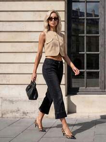 Sinnesro Short noir court pour le printemps/été, amincissant et sophistiqué, en pur coton avec un lavage propre, polyvalent, convient pour le travail et les occasions décontractées, style vintage, sensation de haute qualité. ,Femmes de petite taille - Noir - Voir 3