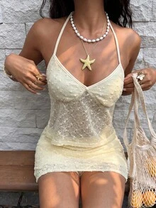 Sunnyshic 黄色针织提花V领吊带背心和短裙两件套，女士夏季度假海滩乡村优雅浪漫可爱日常百搭套装 - 黃色 - 查看 4