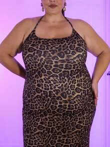 Pretty and Ole Plus Size Fashion Leopard Print Backless Halter Fishtail Dress - Multicolor - View 4
