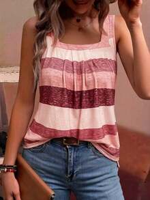 EMERY ROSE Holiday Casual Color Block Striped Tank Top Graphic Tees Women Tops - Pink - View 6
