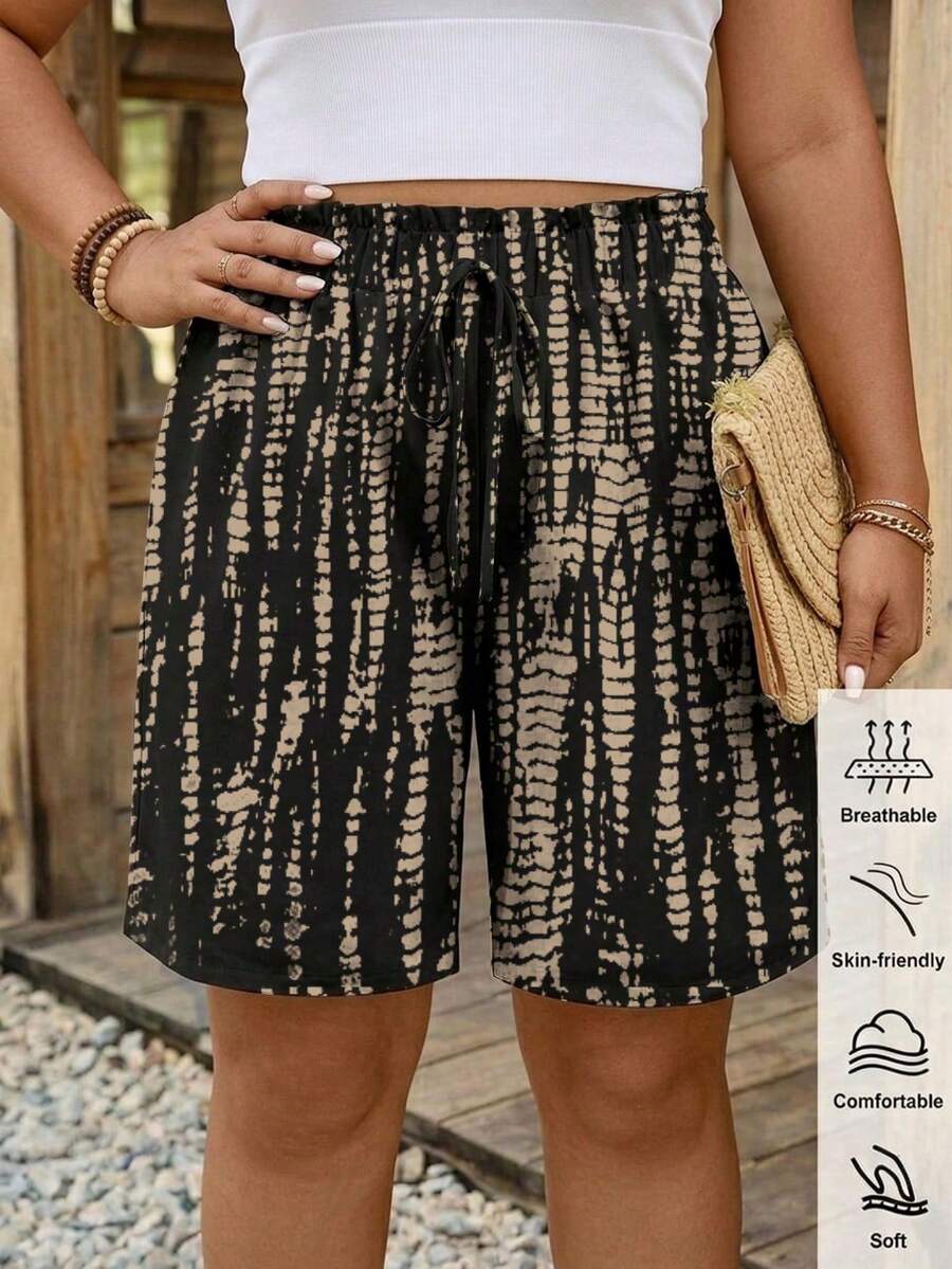 Comfylo 休閒度假大尺碼女款黑色荷葉邊腰部蝴蝶結短褲,適合夏季,黑色長褲 - 彩色 - 查看 1