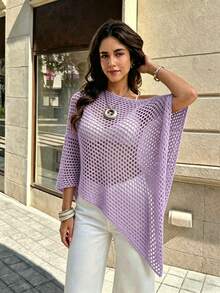 SHEIN Franclia 女款素色鏤空落肩不對稱下擺寬鬆毛衣 - 淡紫色 - 查看 6