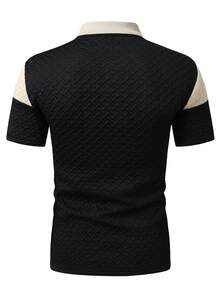 EGENSIO Men's Knitted Jacquard Textured Patchwork Collar Ribbed Cuff 3-Button Polo Shirt, Ceremony - Apricot - View 2