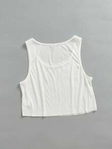SHEIN EZwear Áo tank top nữ dáng rộng ngắn phong cách đường phố casual, họa tiết in đồ họa phong cách Đông Á, cổ chữ U lớn, phù hợp cho mùa xuân và mùa hè, phong cách đa năng - trắng - Xem 4