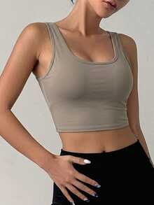 DAZY Square Neck Solid Color Minimalist Wireless Backless Long Sports Bra - Khaki - View 5