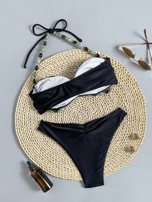 Swim Chiccia Swim Chicsea Women's Solid Color Black Beaded Tie Strap Shoulder Strap Ruched Detail Elegant Tropical Beach Vacation Summer Swimsuit Set - Black - View 2