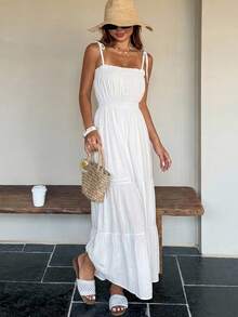 Wynsel Women Solid Color Simple And Fresh Daily Wear Spring/Summer Spaghetti Strap Dress Sundress Sheer,Casual Women Dresses - White - View 12