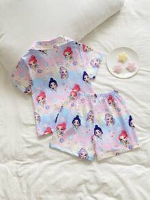 SHEIN 夏季女童幼童粉紫色阻燃牛奶絲面料甜美可愛音樂搖滾女孩印花短袖短褲舒適2件套家居服2件套 - 紫色 - 查看 2