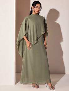 Veilorie Vestido árabe elegante de unicolor con cuello alto y diseño asimétrico para mujer - Verde - Ver 9