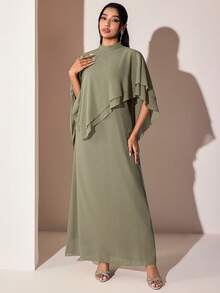 Veilorie Vestido árabe elegante de unicolor con cuello alto y diseño asimétrico para mujer - Verde - Ver 5