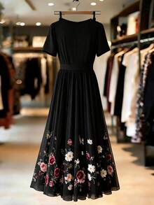 Franclia Soft Pink V-Neck Waist-Cinched Pleated Mesh Dress, Summer Mid-Length Floral & Butterfly Print Fairy Dress - Black - View 2