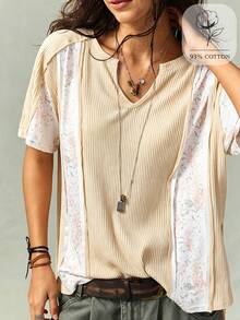SoleilVie Vintage Casual Boho Summer Loose Fit V-Neck Short Sleeve Top, Pink And White Base With Floral Chiffon Contrast Panels, Soft Knit Fabric, Vacation - Apricot - View 3