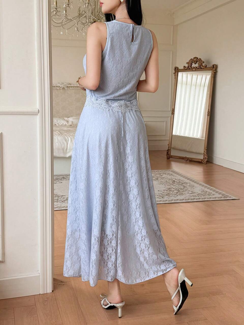 Women's Round Neck Lace Trim Elegant Top And Long Skirt Set Summer