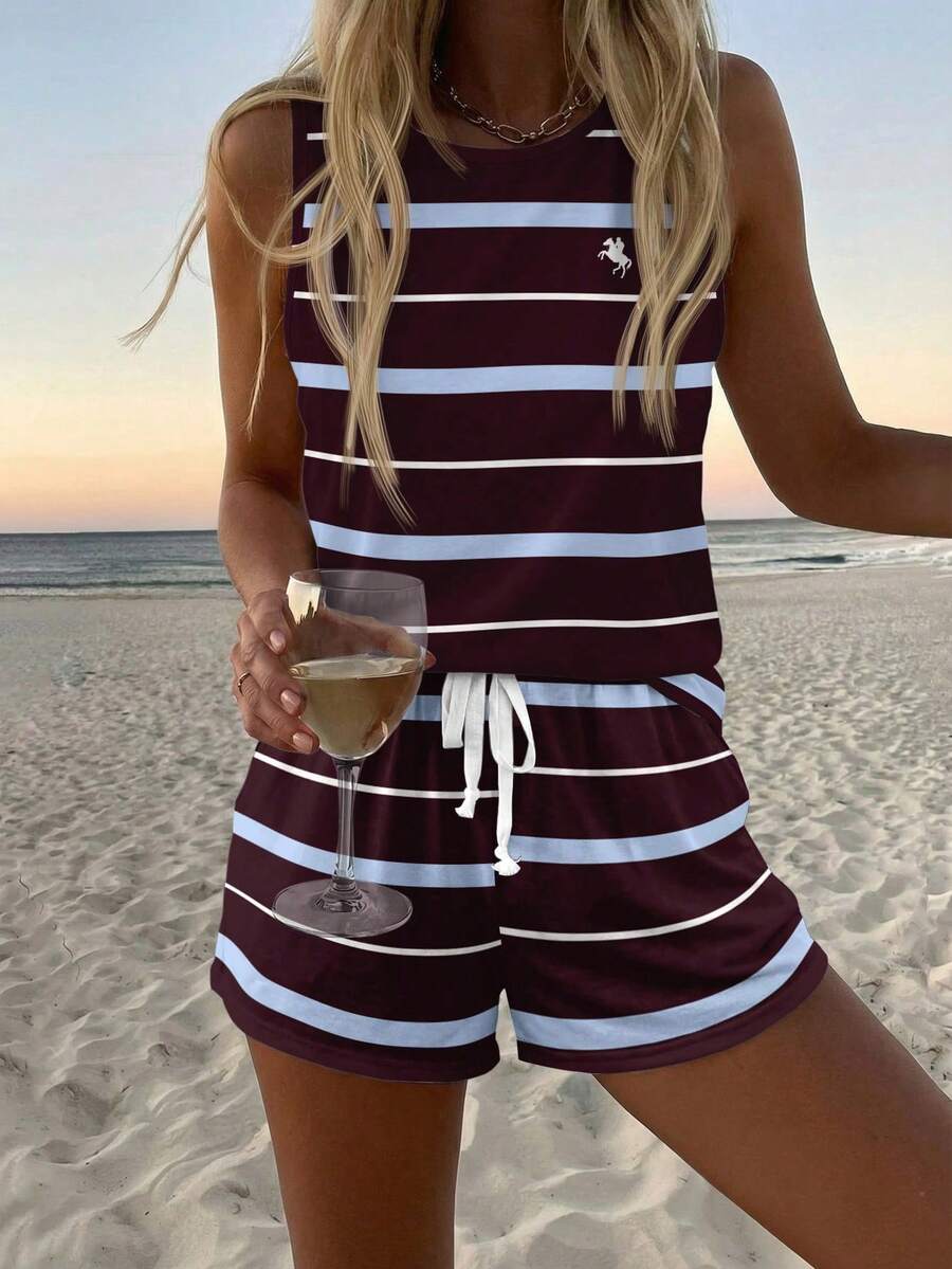SHEIN LUNE Women's Casual Round Neck Tank Top And Shorts 2 Pieces Set, Suitable For Summer,Summer Outfits For Women - Multicolor - View 1
