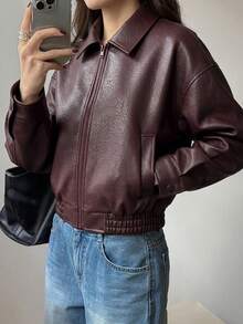 DAZY Spring New Vintage Leather Jacket, Short Style, Regular Fit, Suitable For Valentine's Day - Burgundy - View 6