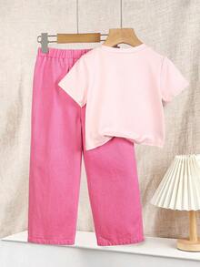 Elladie kids 2件組少女夏季新款酷女孩風粉色卡通動漫短袖T恤與粉色多色水洗休閒寬鬆多口袋設計工裝牛仔褲套裝，適合街頭風、日常出遊、派對、音樂節、慶典、返校、春夏季出遊 - 粉色 - 查看 3