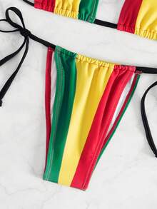 SHEIN Swim Summer Beach Women's Striped Multicolor Halter Neck Tie Bikini Set - Multicolor - View 4