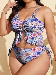 Swim Mod Plus Size Women's Light Blue Bottom Floral Ruffle Bust Tie-Front Pants Side Drawstring Two Pieces Vacation Swimsuit Beach Vacation Summer Boho - Multicolor - View 7