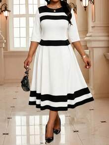 SHEIN Lady CURVE 大码优雅通勤撞色条纹连衣裙 - 白色 - 查看 6